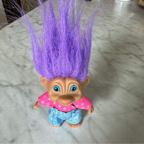 Vtg Russ Troll Doll Purple Hair, BlueEyes, acid wash shorts & neon top  3” - Picture 5 of 8